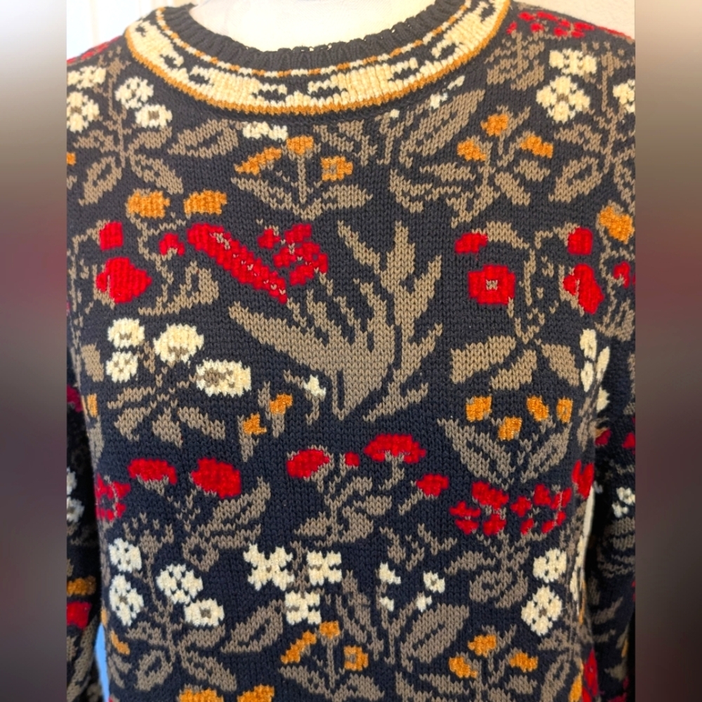 Vtg 90s Country Primitive Heavyweight Floral Tapestry Knit Sweater - Picture 2 of 6